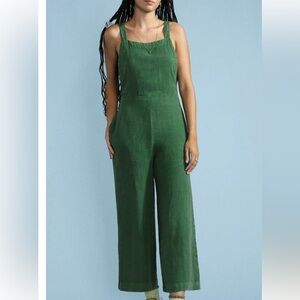 Hansel From Basel Penelope Green Linen Wide Leg Jumpsuit Size 2 Medium Preowned